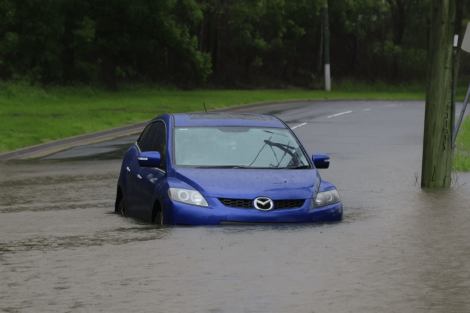 flooded car on the road